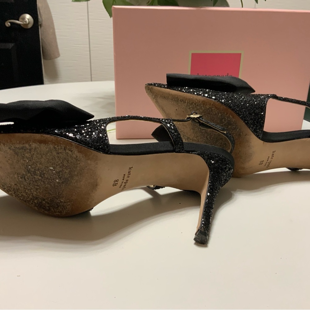 Kate Spade Sheela Black Glitter with Silk Bow Sling back heels - Picture 4 of 5